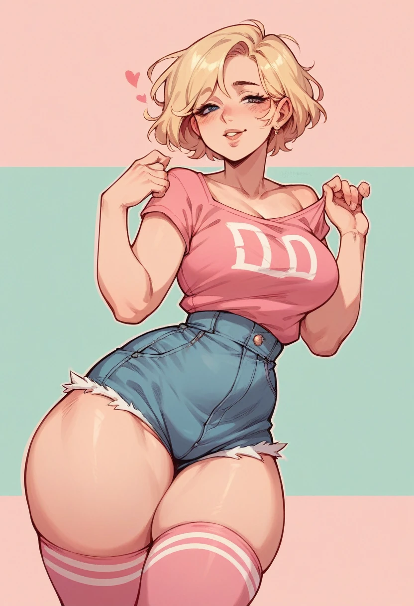 Blonde girl with breasts and big butt, small waist, a pink blouse and shorts and long pink stockings, plump and very feminine thighs, thin and tender