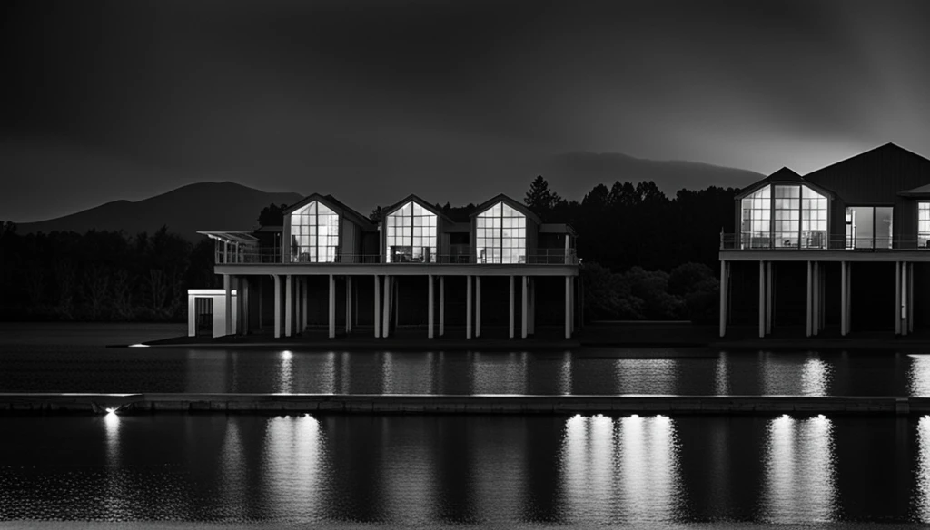 The front of a house on the lake is a dark night with little lighting.