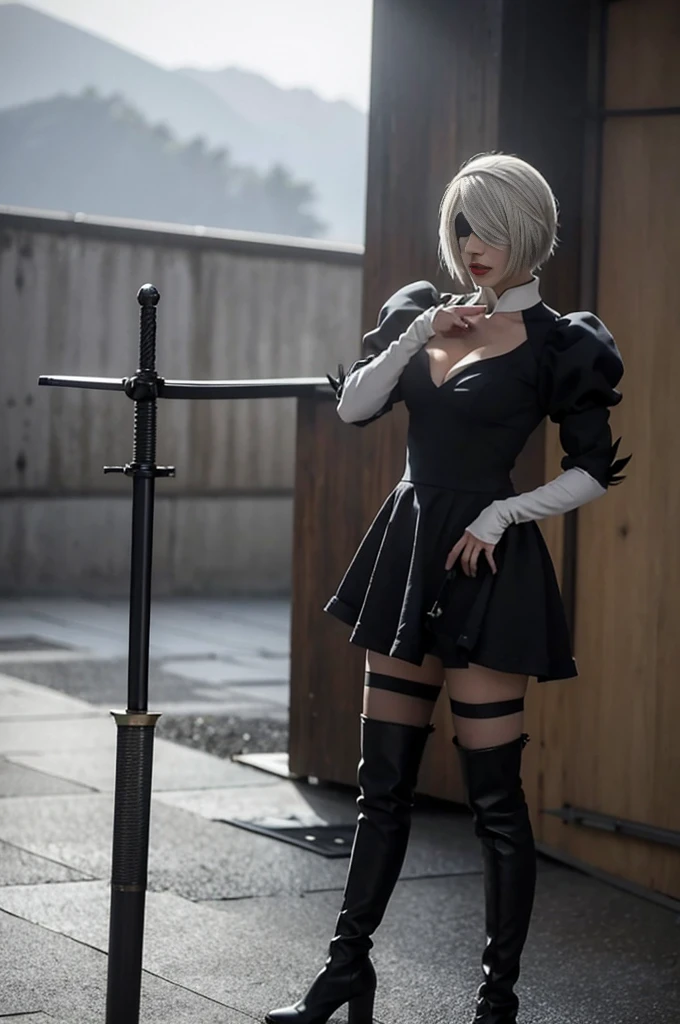 2B, 1girl, solo, short hair, thighhighs, gloves, long sleeves, dress, holding, cleavage, medium breasts, standing, full body, weapon, white hair, hairband, boots, puffy sleeves, sword, black thighhighs, black footwear, holding weapon, mole, black dress, high heels, leotard, clothing cutout, thigh boots, holding sword, cleavage cutout, katana, black hairband, juliet sleeves, mole under mouth, facing viewer, high heel boots, blindfold, covered eyes, black blindfold, feather-trimmed sleeves, masterpiece,