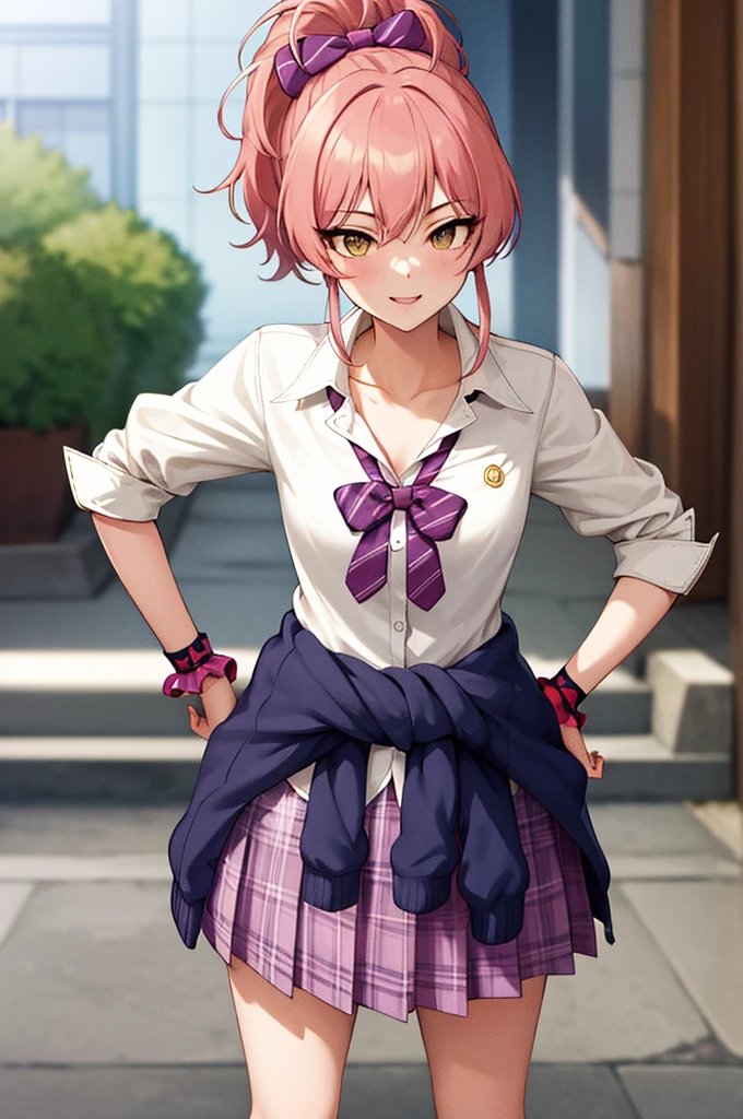 masterpiece, best quality, highres, aamika, ponytail, hair bow, collarbone, , striped, bowtie, collared shirt, white shirt, sleeves rolled up, wrist scrunchie,, clothes around waist, plaid skirt, purple skirt, socks, outdoors, hands on hips, smile,