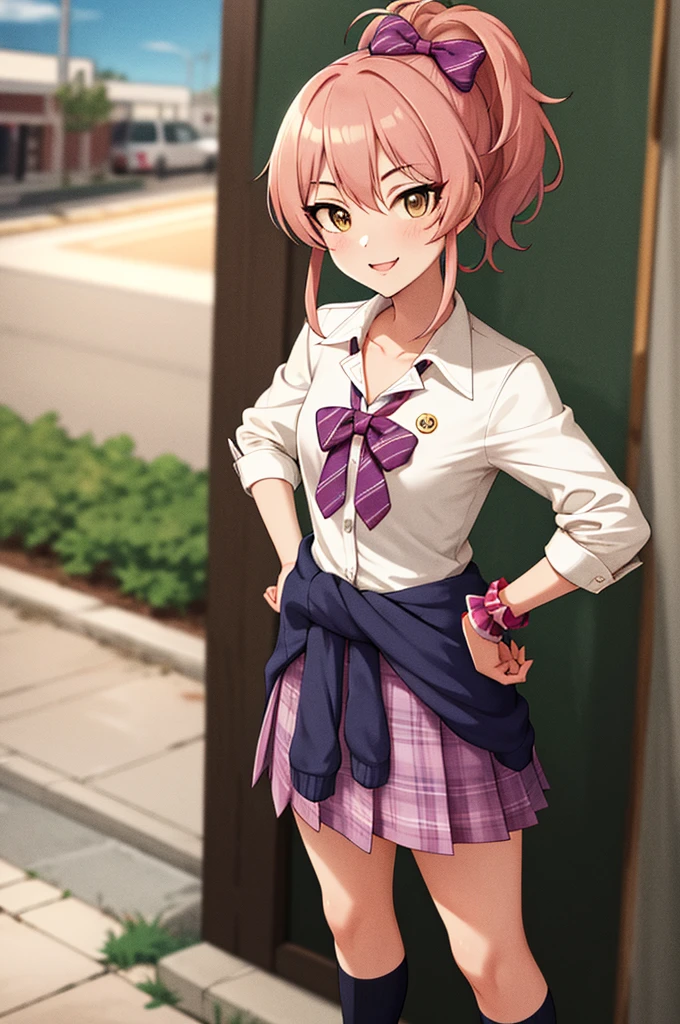 masterpiece, best quality, highres, aamika, ponytail, hair bow, collarbone, , striped, bowtie, collared shirt, white shirt, sleeves rolled up, wrist scrunchie,, clothes around waist, plaid skirt, purple skirt, socks, outdoors, hands on hips, smile,