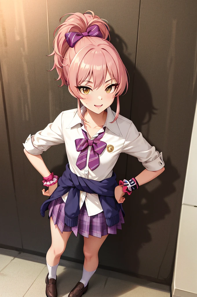 masterpiece, best quality, highres, aamika, ponytail, hair bow, collarbone, , striped, bowtie, collared shirt, white shirt, sleeves rolled up, wrist scrunchie,, clothes around waist, plaid skirt, purple skirt, socks, outdoors, hands on hips, smile,