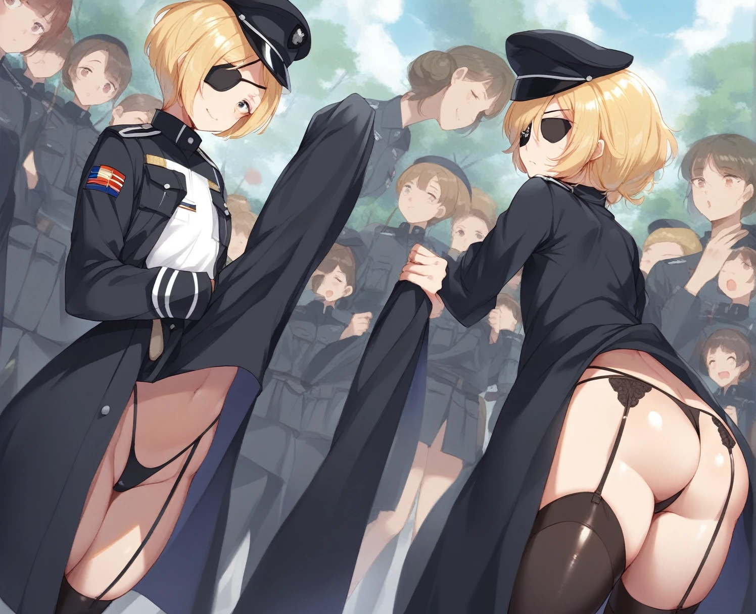 BREAK Perfect Anatomy、(High resolution:1.2)、Incredible illustrations、(Cute illustrations:1.2)(nsfw,yuri,)
(Beautiful background,(nature,crowd))(multiple views,from below,dutch angle)
2gial((blonde hair,shiny hair,hair intakes:1.8,long hair)(doyagao)(a girl, , 1.4meters, 35kg),17-year-old,flat chest))
((shiny hair,hair intakes:1.8)(doyagao)(a girl, ,height 1.7meters, 40kg),,17-year-old))
(Black coat,Gothic combat uniform,SILKthong,garter straps,eyepatch:1.8) )
Cosplayer surrounded by people