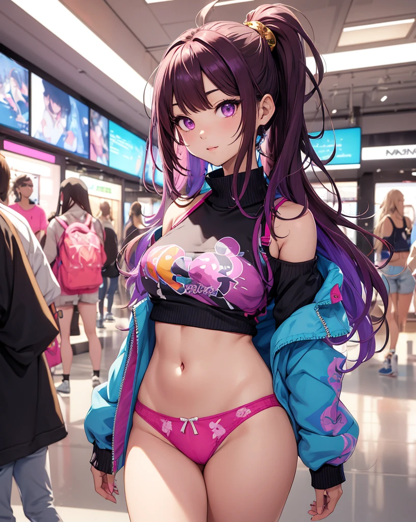 ((master part)), best quality, absurderes, ultra detaild, Holographic, cowboy shot, proportion Aurea, super cute girl, Madura, Idol girl, Super beautiful asian girl with very cute violet bright eyes, Beautiful multicolored bright brown hair, high ponytail, nice and sexy body, body skinny, perfectbody, wearing a super tight anime print knit, Anime Print Super Tight Off Shoulder Long Sleeve Crop Top, a super aesthetic mini transparent jacket, cute hair ornament, Pink Jordan Sneakers, being photographed in a mall store, pulling down shorts showing G-string panties, ((nsfw)), {{Lewd}}