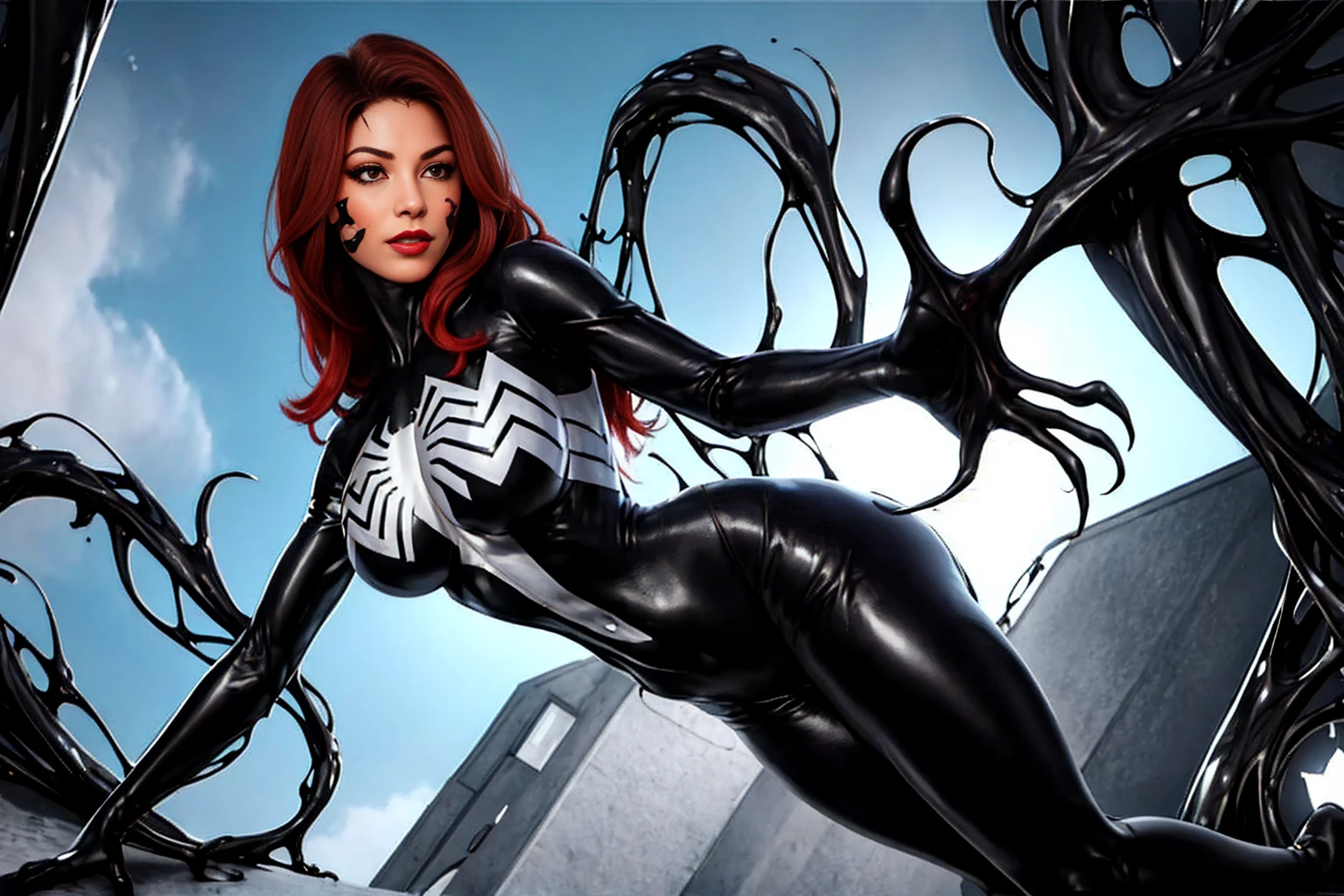 4K，realisticlying，Glamorous，The  very detailed，There  a girl in standing sexy position，Red long hair，Wearing a black Spider-Man costume,（Black and white：1.4） the night,symbiote，venomize，a large amount of mucus,she  a spiderman，Black superhero theme，In front of the sky，Flushed complexion，25 age old，full bodyesbian