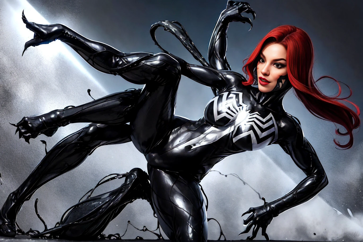 4K，realisticlying，Glamorous，The  very detailed，There  a girl in standing sexy position，Red long hair，Wearing a black Spider-Man costume,（Black and white：1.4） the night,symbiote，venomize，a large amount of mucus,she  a spiderman，Black superhero theme，In front of the sky，Flushed complexion，25 age old，full bodyesbian