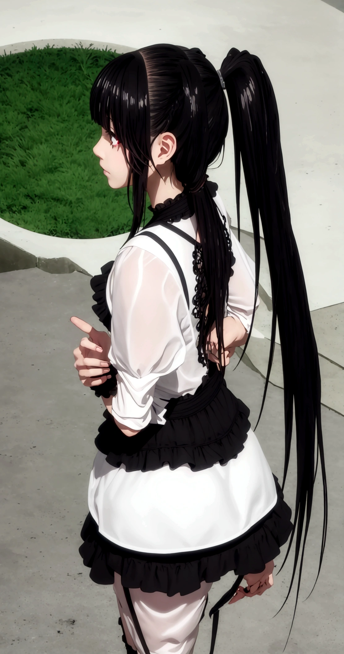 whole body, standing tall, bend back. thick, Tokisaki Kurumi, black hair, two pigtails, right eye bright red, left eye bright yellow, tokisaki kurumi