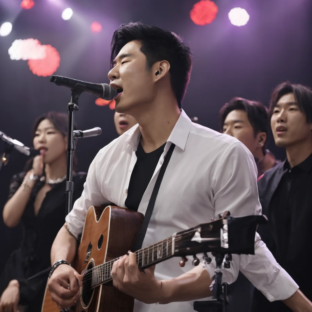 A very handsome stylish Korean singer singing in a concert full of people