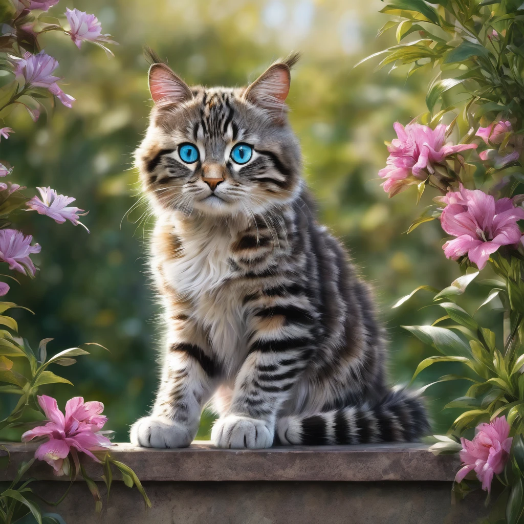 (best quality,4K,8K,highres,​masterpiece:1.2),Ultra-detail,(realisti,photorealisti,photo-realisti:1.37),Illustration,animal,Standing position from the front,blue,grau,brown,bright green eyes,floral background