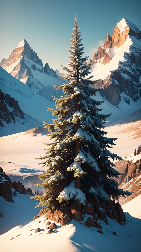 Flowering trees with mountain 