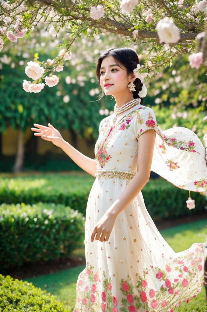 South Asian girl twirling in an heavenly floral garden. She is wearing a long white dress  with embroidered pearls all over the dress. Flowers petals are falling from the sky. 