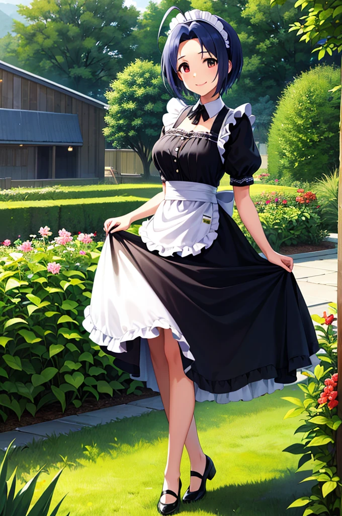 masterpiece, best quality, highres, aaazusa, short hair, ahoge, parted bangs, maid, maid headdress, apron, black dress, skirt hold, smile, garden, standing,