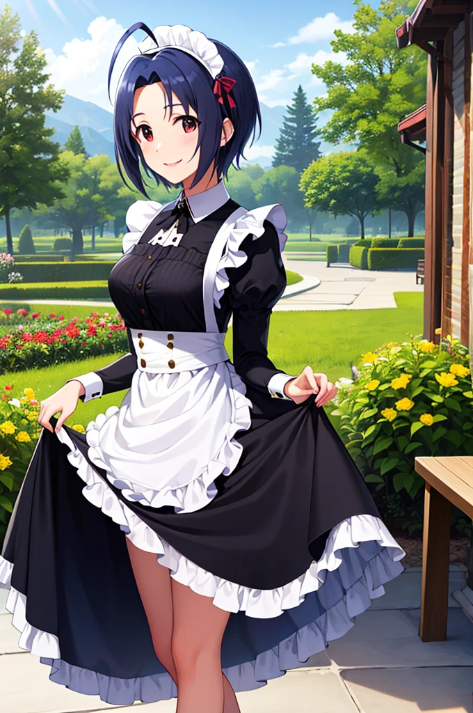 masterpiece, best quality, highres, aaazusa, short hair, ahoge, parted bangs, maid, maid headdress, apron, black dress, skirt hold, smile, garden, standing,