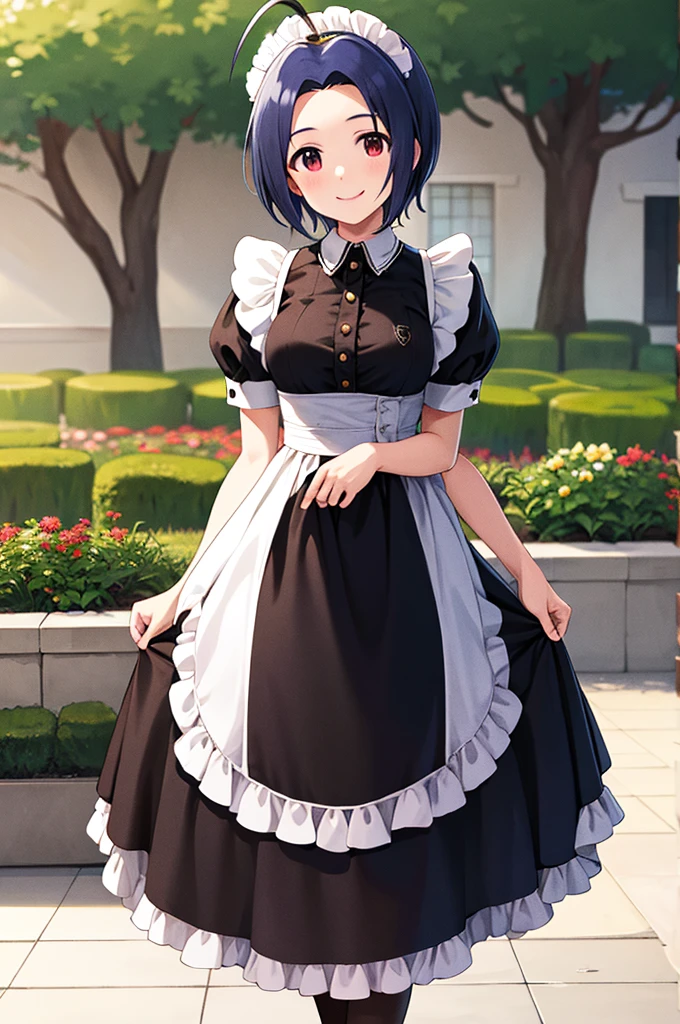 masterpiece, best quality, highres, aaazusa, short hair, ahoge, parted bangs, maid, maid headdress, apron, black dress, skirt hold, smile, garden, standing,