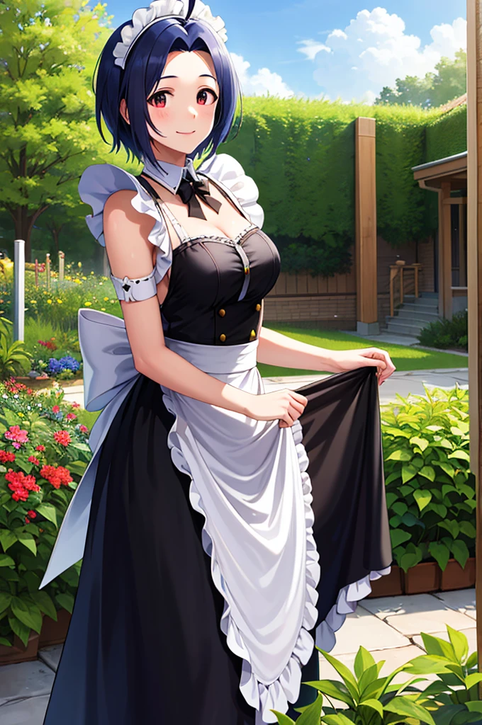 masterpiece, best quality, highres, aaazusa, short hair, ahoge, parted bangs, maid, maid headdress, apron, black dress, skirt hold, smile, garden, standing,