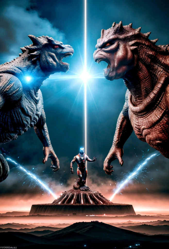 ultraman, godzilla, epic battle scene, giant monsters fighting, tokusatsu, science fiction, surreal, cinematic lighting, dramatic, (best quality,4k,8k,highres,masterpiece:1.2),ultra-detailed,(realistic,photorealistic,photo-realistic:1.37),HDR,UHD,studio lighting,extreme detail description,professional,vivid colors,dynamic composition,powerful energy beams,destructive city landscape,epic scale,heroic poses,awe-inspiring