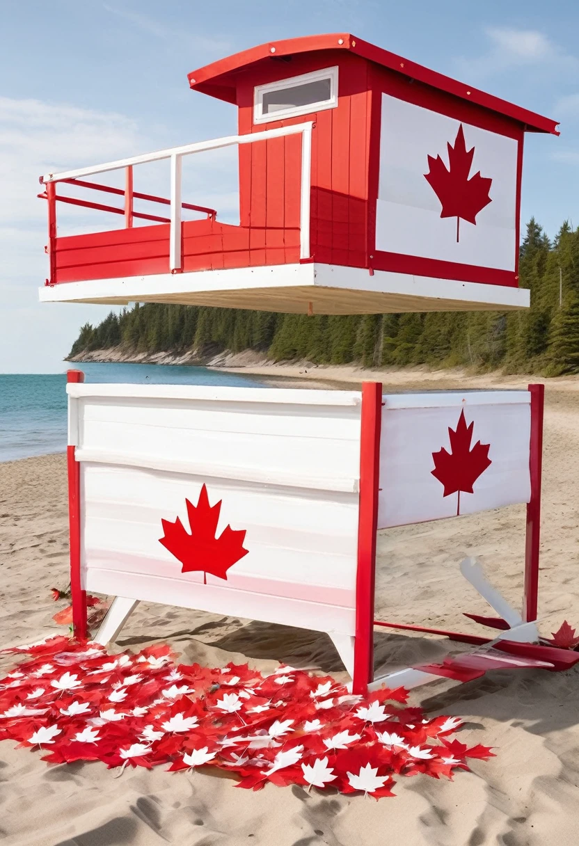 Create a playful, retro-style beach scene reminiscent of Baywatch, with a Canadian twist:
Feature Pamela Anderson in her iconic red Baywatch swimsuit, but with a maple leaf emblem on it instead of the usual logo.
Have her running along a beach, but instead of sand, it's a sea of red and white maple leaves.
In the background, include a lifeguard tower decorated with Canadian flags and a large "Happy Canada Day" banner.