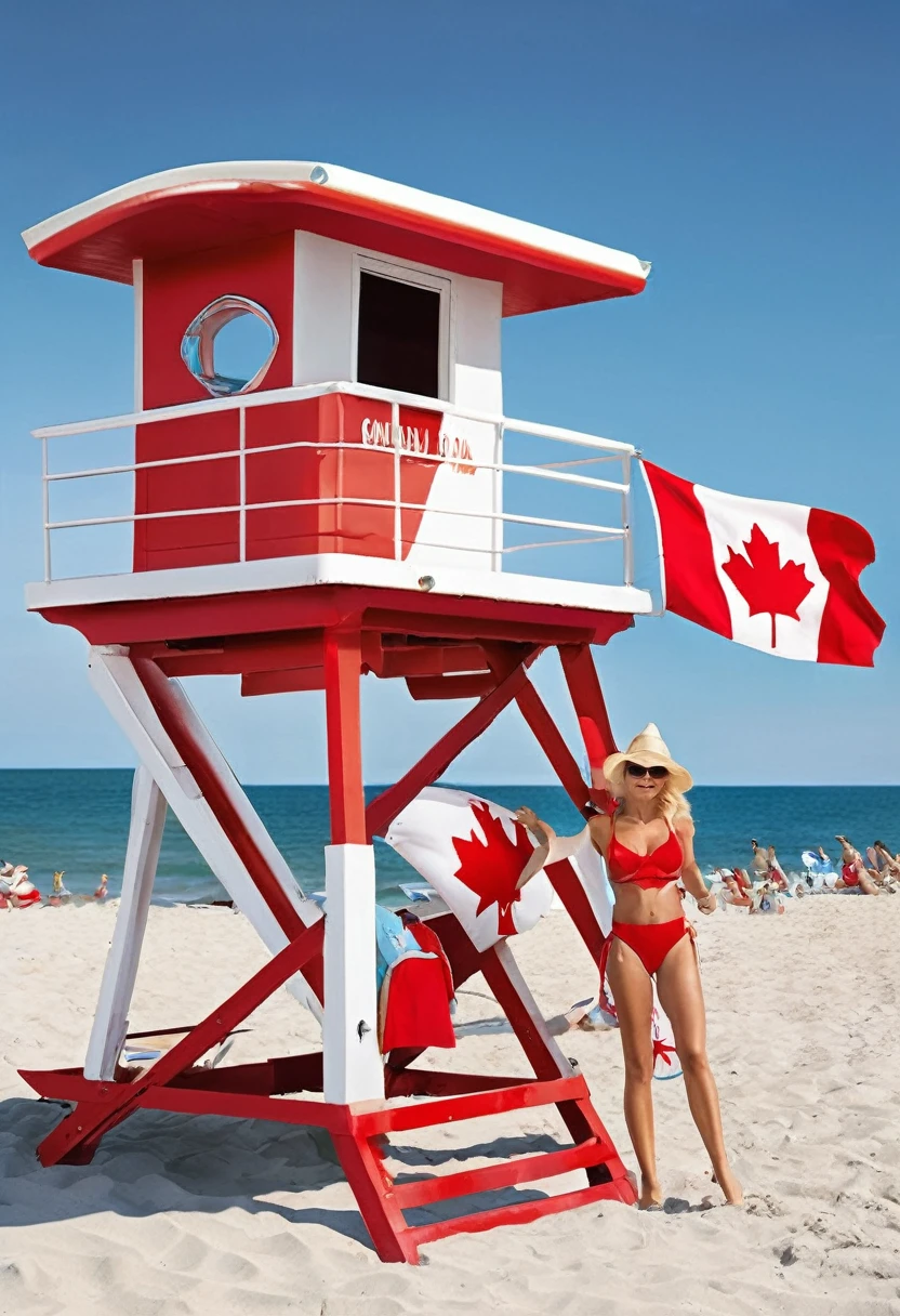Create a playful, retro-style beach scene reminiscent of Baywatch, with a Canadian twist:
Feature Pamela Anderson in her iconic red Baywatch swimsuit, but with a maple leaf emblem on it instead of the usual logo.
Have her running along a beach, but instead of sand, it's a sea of red and white maple leaves.
In the background, include a lifeguard tower decorated with Canadian flags and a large "Happy Canada Day" banner.
