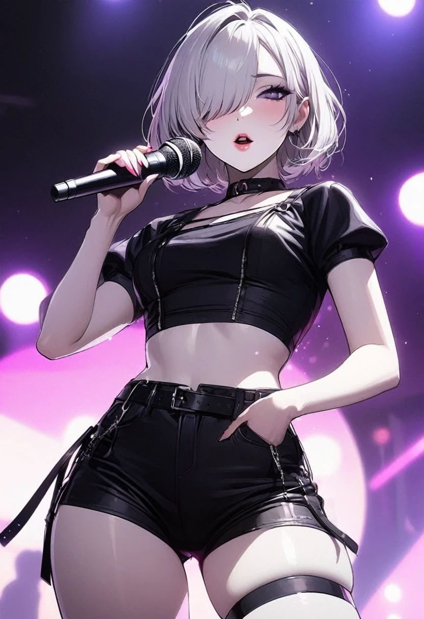 Girl, K-pop, idol, singing, stage, purple lights, beautiful, ethereal, Korean, hot, girl crush concept, pale skin, defined lips, curves, face focus, wink, korean, albino, gray eyes, crop top, shorts, slim, pretty, delicate, sexy, seductive, microphone, playful, solo, (Hair Over One Eye), short hair, feminine, lipgloss 