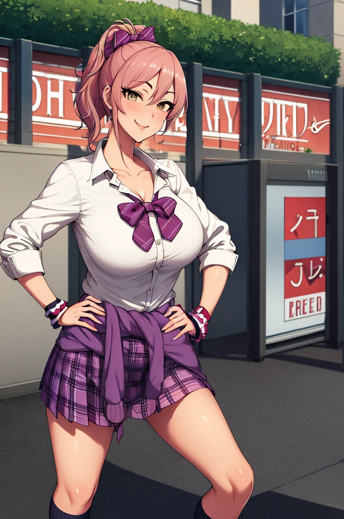 masterpiece, best quality, highres, aamika, ponytail, hair bow, collarbone, , striped, bowtie, collared shirt, white shirt, sleeves rolled up, wrist scrunchie,, clothes around waist, plaid skirt, purple skirt, socks, outdoors, hands on hips, smile,big breasts