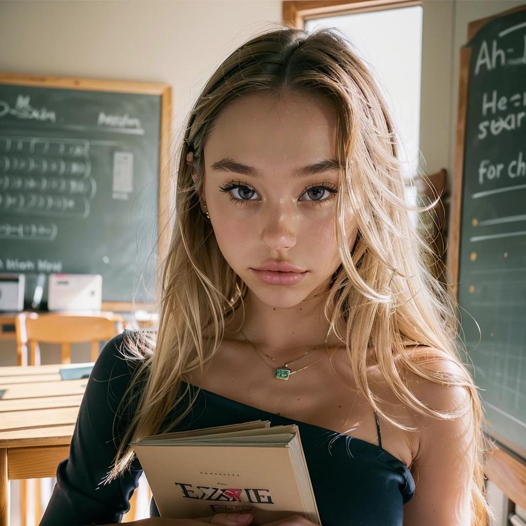 Realistic photo of a beautiful 18 year old (((ALEXIS-REN))), (best quality,ultra-detailed,realistic:1.2),beautiful detailed eyes,beautiful detailed lips, blonde hair, student, classroom, learning, standing near a desk, books, teacher, pencil, school girl skirt outfit