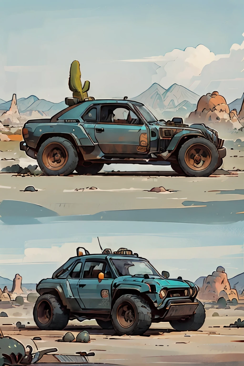 one Cartoon offroad truck alone, the truck is on top of a large round boulder, the boulder is alone in the middle of the desert, one cactus in the desert, the car is light blue, beautiful illustration, 8k, hi res image, intricate detail, unique illustration, three quarters view, orange desert, blue sky