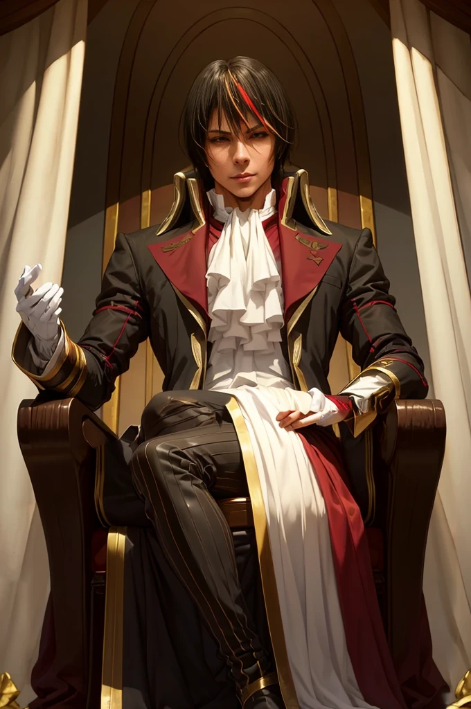 Diablo, detailed eyes, detailed face, detailed clothes, detailed black hair with red and golden line in front, inside a palace, on a throne, sitting on a throne, character from a novel,