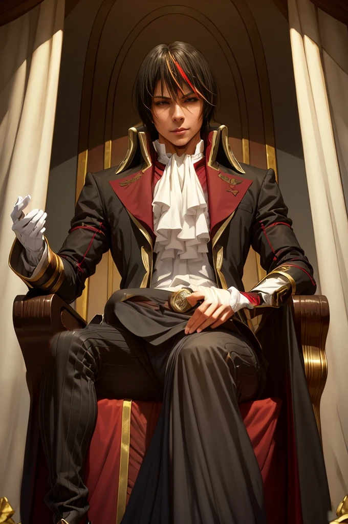 Diablo, detailed eyes, detailed face, detailed clothes, detailed black hair with red and golden line in front, inside a palace, on a throne, sitting on a throne, character from a novel,