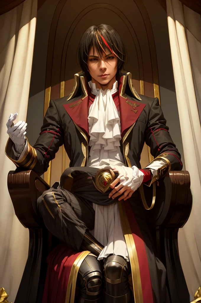 Diablo, detailed eyes, detailed face, detailed clothes, detailed black hair with red and golden line in front,  inside a palace, on a throne, sitting on a throne, character from a novel,