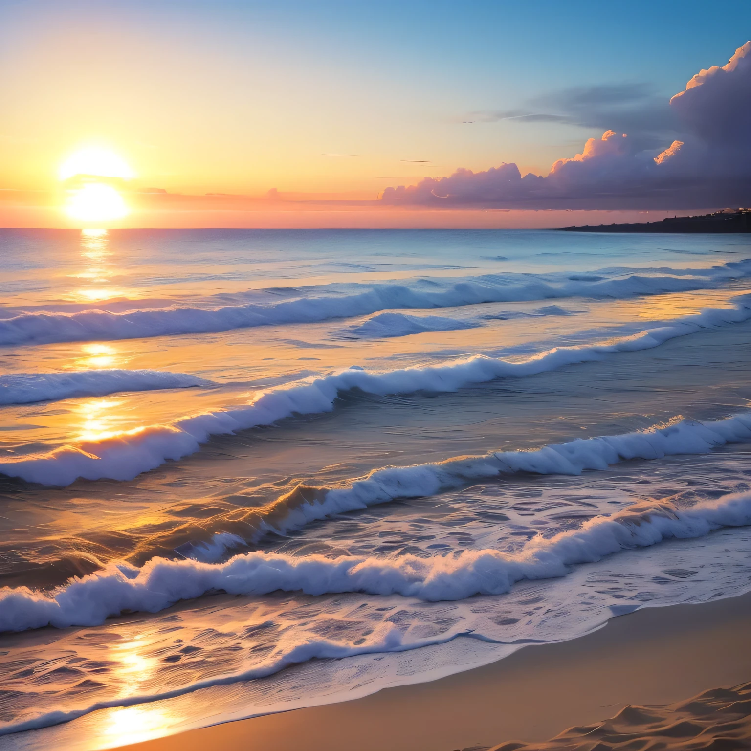 sunset at the beach, spicy, realistic, High Graphics, Sky with clouds, The sun through the clouds, heart shaped cloud, ambient sun, yellow and blue, clean sea water.