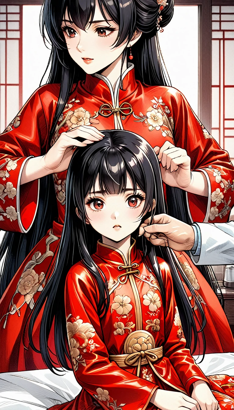 A tragic historical drama in 8k live-action style: Beautiful palace secrets　A beautiful 5--old nese Kung Fu princess with long black hair is being examined by a doctor　Gorgeous embroidery, Ultra glossy, She is wearing a shiny red top and bottom long sleeve floral pajama kung fu suit....　　She shows her pussy to the doctor