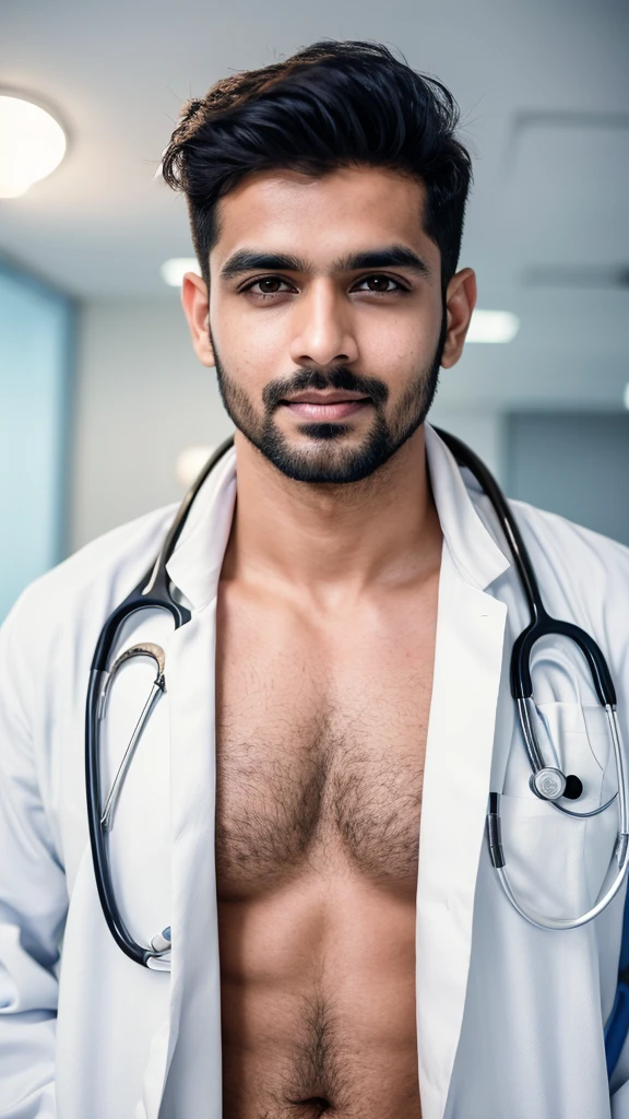 Base model of a handsome indian man, in the hospital ,homoerotic, masterpiece, , handsome face, posing for photo shoot, ultra HD, 16k resolution, handsome face, beautiful eyes, messy hair, he is a doctor, (wearing white coat,  and stethoscope ), penis, cinematic lighting 