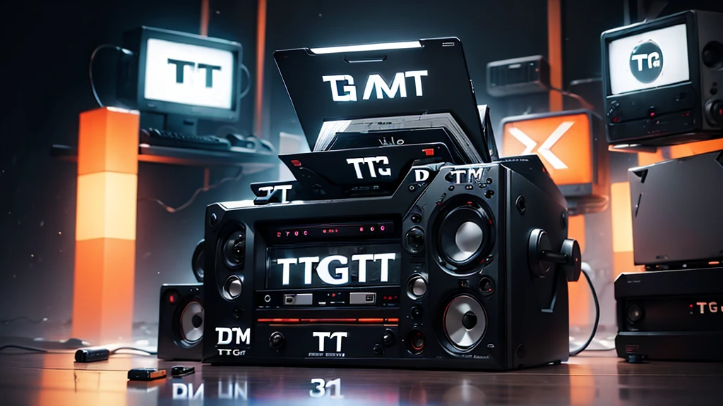 (DTG: 1.8), (DTG letters: 1.8), (Three letters: 1.8), DJ set, Music, cassette, CD Player, Futuristic device for music playing, Music reproducer, Lo-fi, writing, abstract, colorful, high resolution, high quality, neon colors, dark grey background, black grey grdient