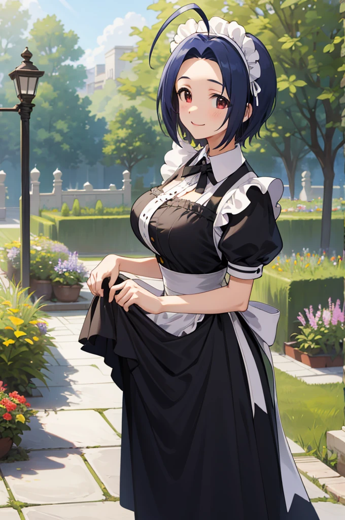 masterpiece, best quality, highres, aaazusa, short hair, ahoge, parted bangs, maid, maid headdress, apron, black dress, skirt hold, smile, garden, standing,,huge breasts