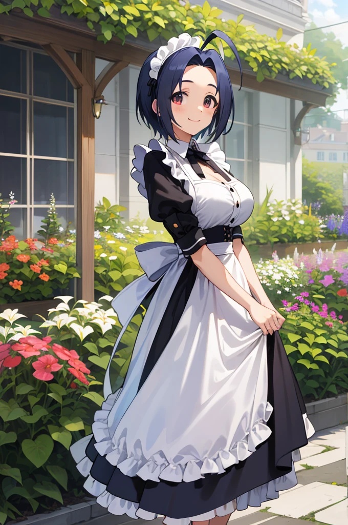 masterpiece, best quality, highres, aaazusa, short hair, ahoge, parted bangs, maid, maid headdress, apron, black dress, skirt hold, smile, garden, standing,,huge breasts