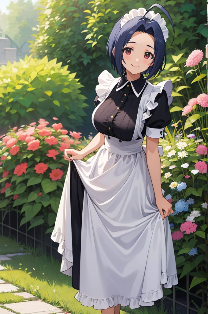 masterpiece, best quality, highres, aaazusa, short hair, ahoge, parted bangs, maid, maid headdress, apron, black dress, skirt hold, smile, garden, standing,,huge breasts