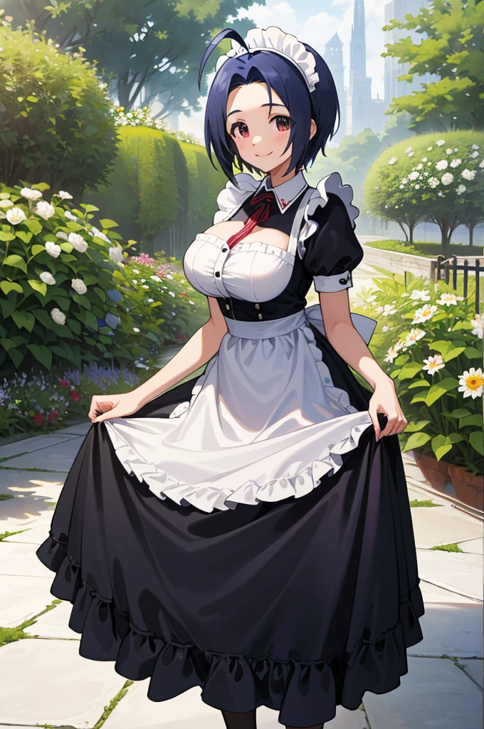 masterpiece, best quality, highres, aaazusa, short hair, ahoge, parted bangs, maid, maid headdress, apron, black dress, skirt hold, smile, garden, standing,,huge breasts