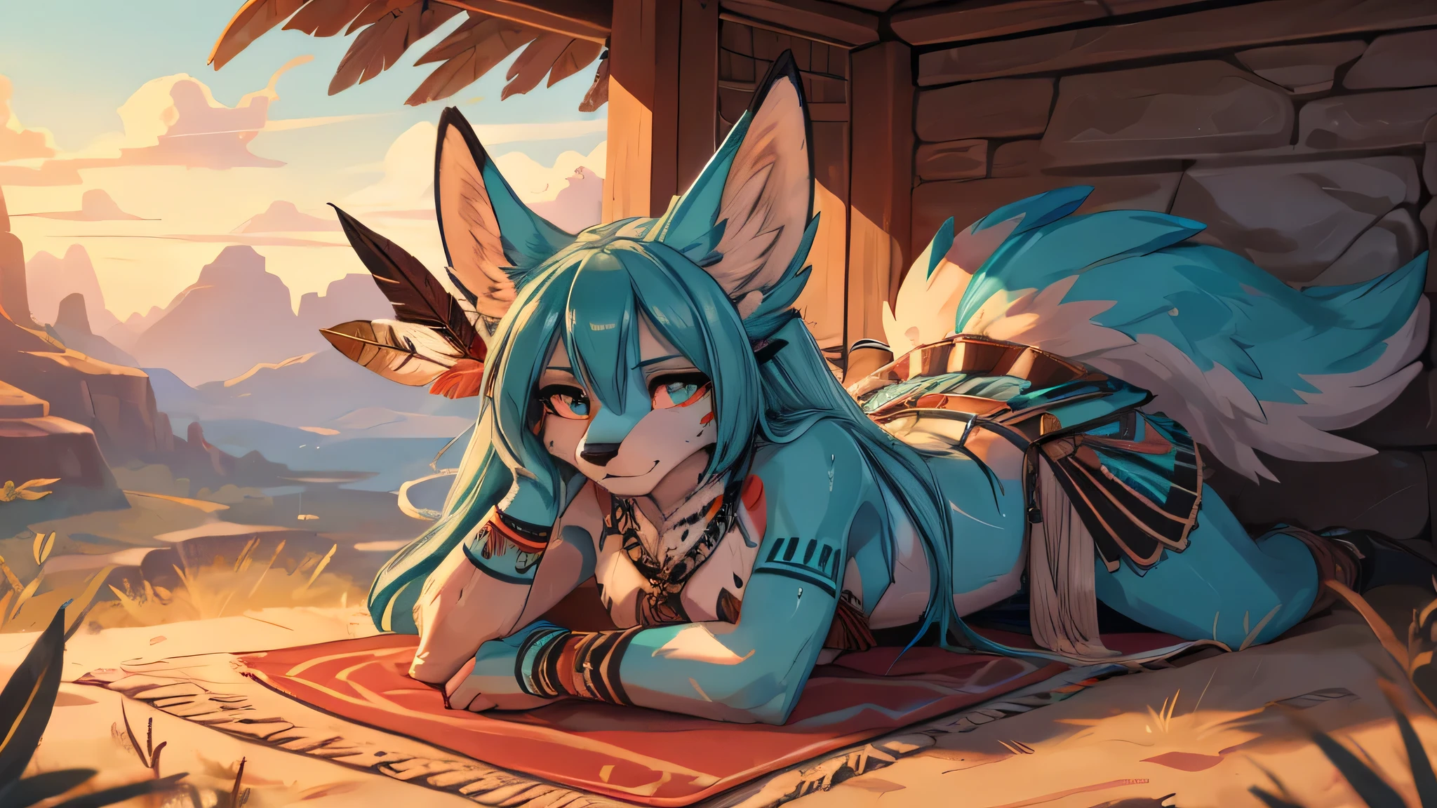 Miku Hatsune, add high definition_detail:1, blue fur,kitsune ears, tribal tattoo add_detail:1, sensual pose against the wall add_details:1, tribal feather necklage, rainbowed feather skirt, tribal feather ornaments for the body high definition, tribal feather bralette, desertic landscape oasis in the background, exhausted girl, sweating, very hot, intense sun add_detailsl, jack-o-pose