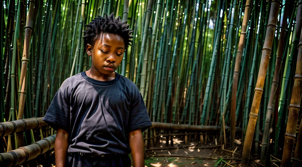 Image of a black ager, 12 yearing a dark gray long-sleeved shirt = no print - short curly hair - long pants and straw sandals, - looking in profile waking up from sleep into the bamboo grove, - movement of arms waking up in the morning - getting up waking up from the straw floor