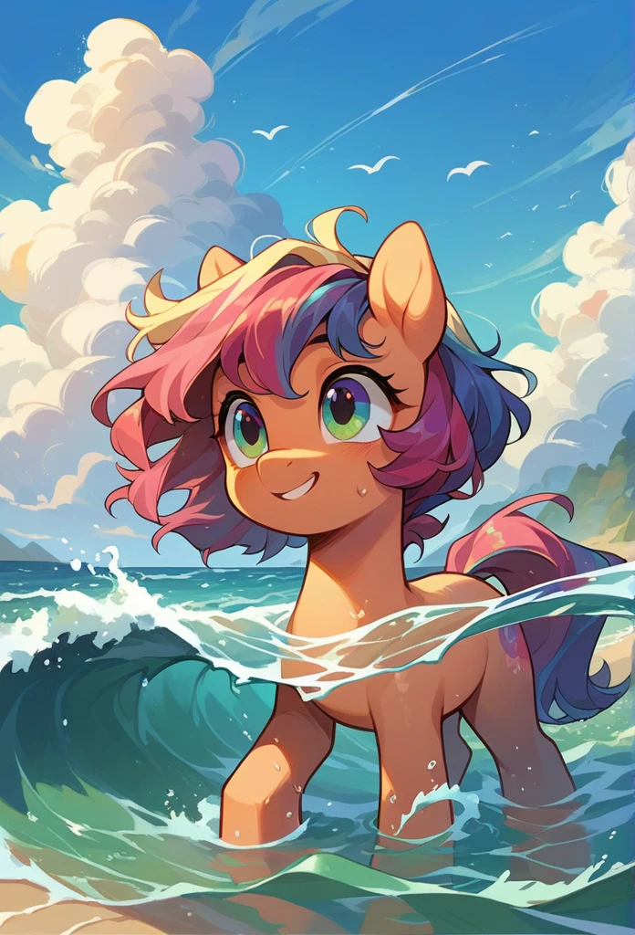 pony, standing in water, during the day, at the beach, ponies swimming in background, waves, sunny, my little pony 