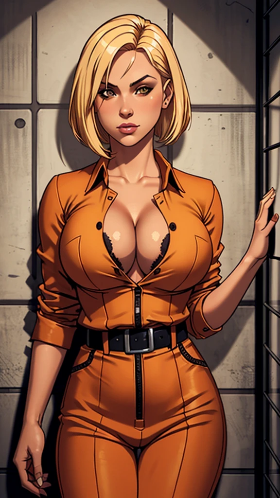 An image of a busty prisoner, blonde bob hair, gorgeous, wears orange jail outfit, in a penitentiary, standing seductive pose, cleavage:1.2, unbuttoned shirt, (detailed skin complexion:1.2), best quality, deep color, complex shading effect, ambient occlusion, highly detailed textures