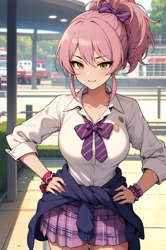 masterpiece, best quality, highres, aamika, ponytail, hair bow, collarbone, , striped, bowtie, collared shirt, white shirt, sleeves rolled up, wrist scrunchie,, clothes around waist, plaid skirt, purple skirt, socks, outdoors, hands on hips, smile,big breasts