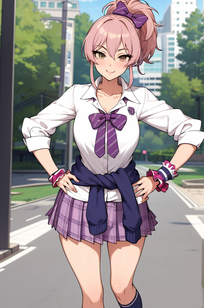 masterpiece, best quality, highres, aamika, ponytail, hair bow, collarbone, , striped, bowtie, collared shirt, white shirt, sleeves rolled up, wrist scrunchie,, clothes around waist, plaid skirt, purple skirt, socks, outdoors, hands on hips, smile,big breasts