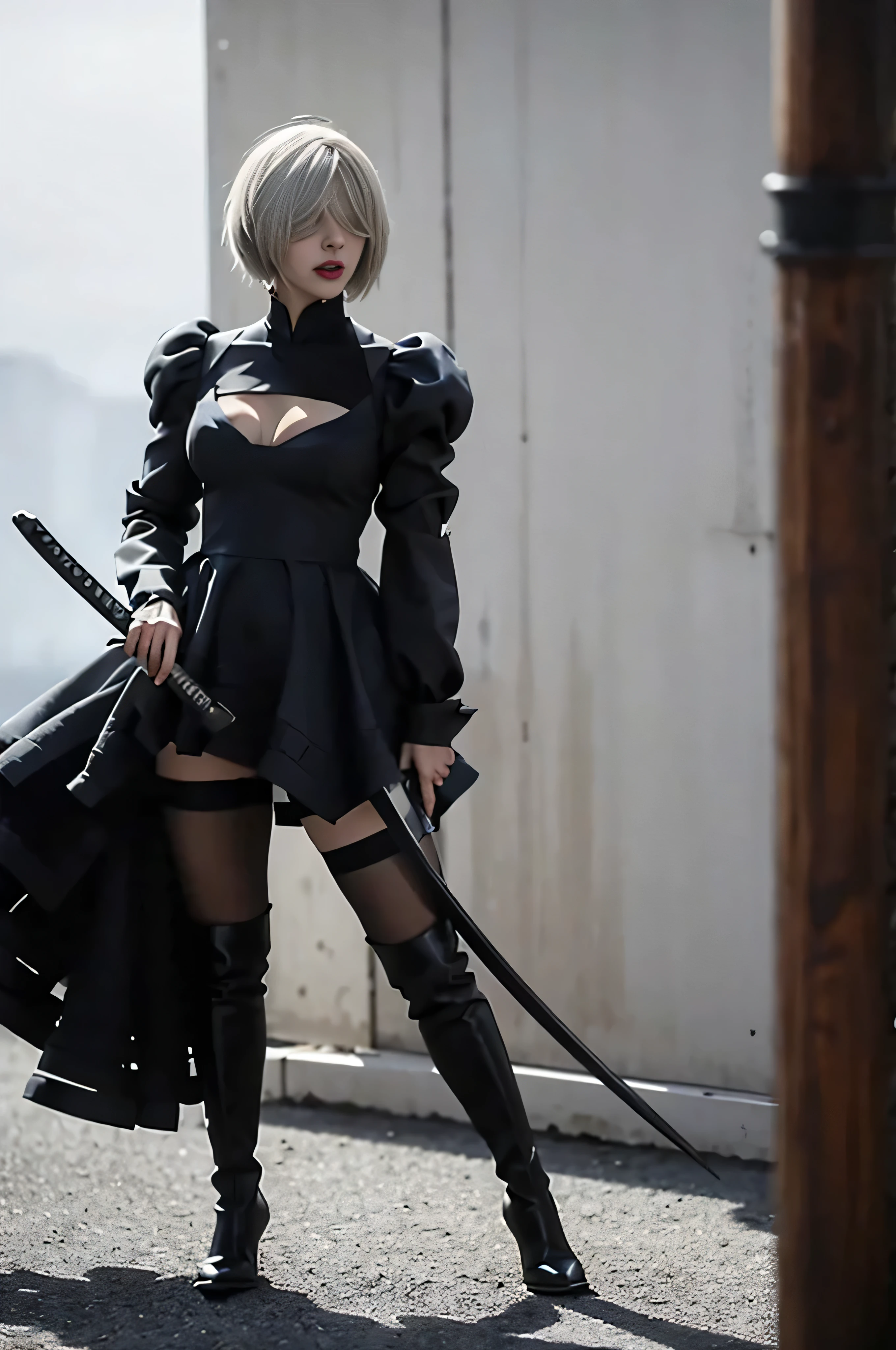 2B, 1girl, solo, short hair, thighhighs, gloves, long sleeves, dress, holding, cleavage, medium breasts, standing, full body, weapon, white hair, hairband, boots, puffy sleeves, sword, black thighhighs, black footwear, holding weapon, mole, black dress, high heels, leotard, clothing cutout, thigh boots, holding sword, cleavage cutout, katana, black hairband, juliet sleeves, mole under mouth, facing viewer, high heel boots, blindfold, covered eyes, black blindfold, feather-trimmed sleeves, masterpiece,