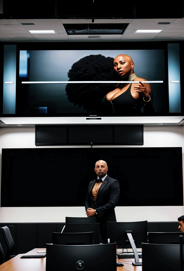 bald black man hip hop executive in suit and tie in a large conference room with ((a large monitor on the wall showing an extremely busty black woman with gross cleavage:1.4)).