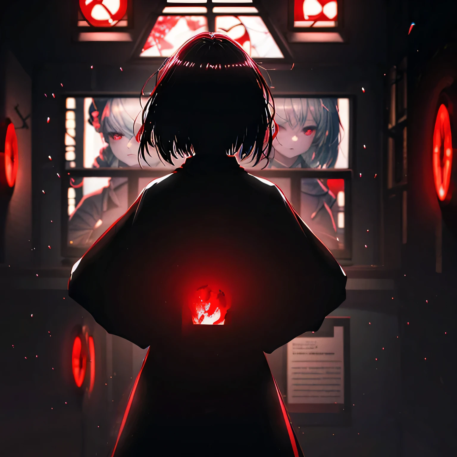 I want a large cinema screen where there's a person on the screen and in front of the screen: a masterpiece. A woman with red eyes stands in front of a window. Her beautiful eyes are visible on a large monitor screen in the background. A girl is in the center, her silhouette standing out. The red lighting highlights her red eyes and the blood. The room is detailed and dimly lit, with light coming from screens and monitor panels. The panels depict girls, and on these panels, many eyes are visible.