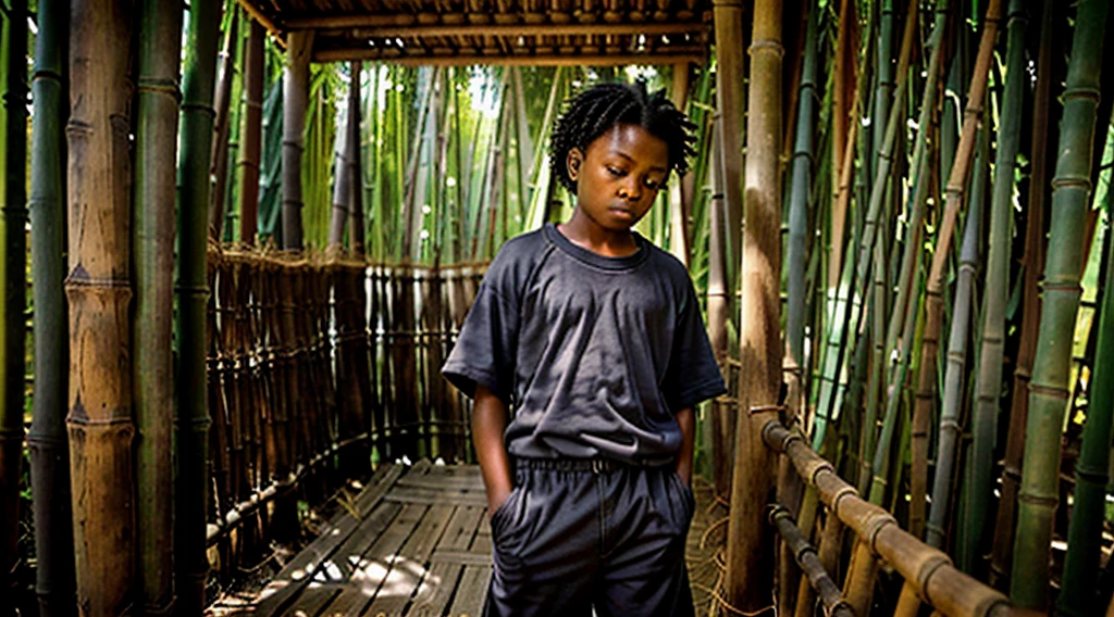 Image of a black teenager, 12 years old - wearing a dark gray long-sleeved shirt = no print - short curly hair - long pants and straw sandals, - looking in profile waking up from sleep into the bamboo grove, - movement of arms waking up in the morning - getting up waking up from the straw floor