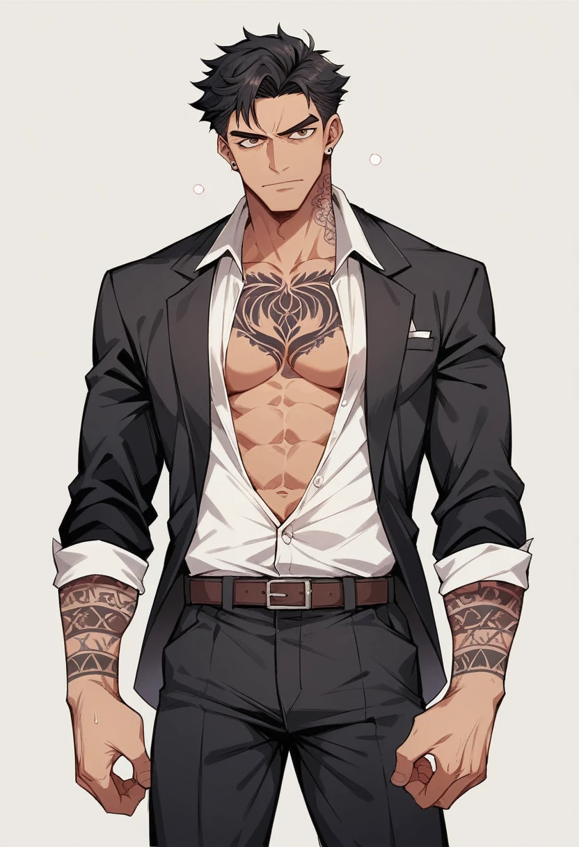 (masterpiece:1.2), (best quality), (ultra detailed), (8k, 4k, intricate),(half-body-shot:1), (highly detailed:1.2),(detailed background:1.2), facing the viewer, dynamic pose(hands in pocket pose), smirking, mixed halfwhite black man in fantasy roguish outfit wear, high detail, 36 years old, buff, faded haircut , 8k, mystical, magical, ultra hd, realistic, vivid colors, He wears a white trenchcoat and is shirtless underneath. His trousers are pure white with a black cover over his right leg connected to one of his two belts. His shoes are a bright golden hue and large tattoos decorate a great deal of his body, including his chest and neck
highly detailed, UHD drawing