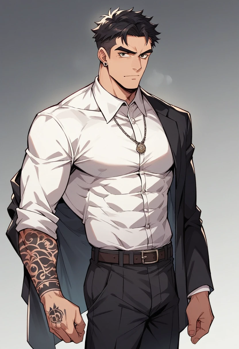 Muscular guy with black hair, Brown eyes, black formal suit, mafia tattoos,high