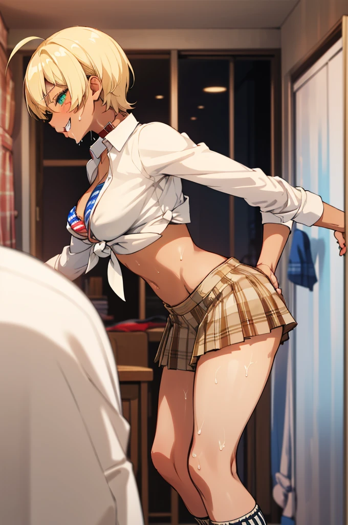 masterpiece, best quality, highres, mi1, dark skin, blonde hair, ahoge, green eyes, blue eyes, american flag bikini, plaid skirt, collar, bikini top only, tied shirt, smile, big breasts,grin,miniskirt,my room,socks,standing,midriff,socks,from side,'(Sex with guys:1.5)